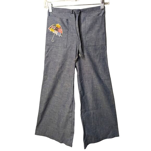 Handmade Vintage 70s Girls Bellbottoms Wide Leg Pants Umbrella Applique Size 8 - Picture 1 of 5